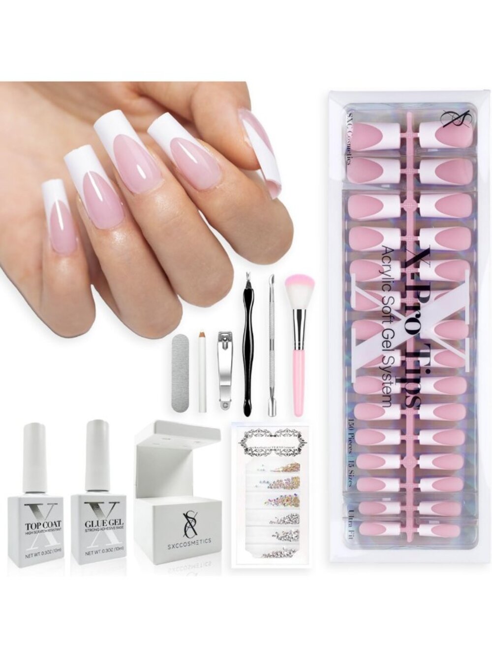 French Tip Press-On Nails - Pink Medium Square Fake Nails Kit, 150PCS, 15 Sizes